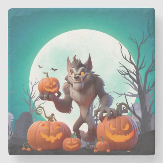 Halloween Werwolf und Kürbis Steinuntersetzer (Vorderseite)