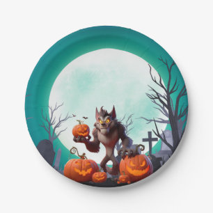 Halloween-Werwolf und Kürbisse Pappteller