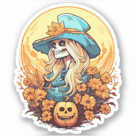 Halloween Western Cowgirl Skeleton Floral Pumpkin Aufkleber (Vorderseite)