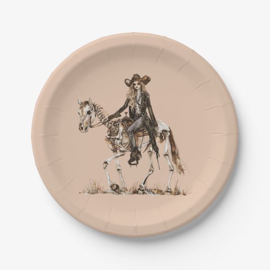 Halloween Western Cowgirl Skeleton Horse Pappteller (Vorderseite)