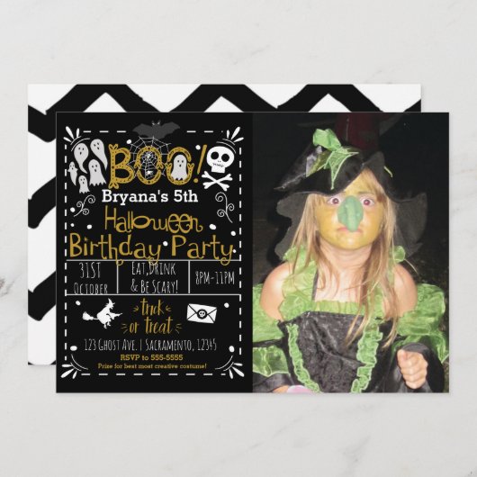 Halloween Whimsical Modern Birthday Party Foto Einladung (Vorne/Hinten)