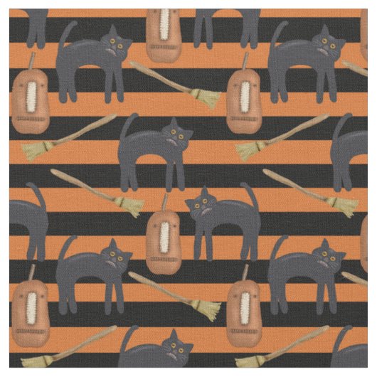 Halloween Whimsical Stripes, Katzen, Kürbisgewebe Stoff (Nahaufnahme)
