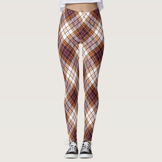 Halloween White, Lila & Orange Kariertes Muster Leggings (Vorderseite)