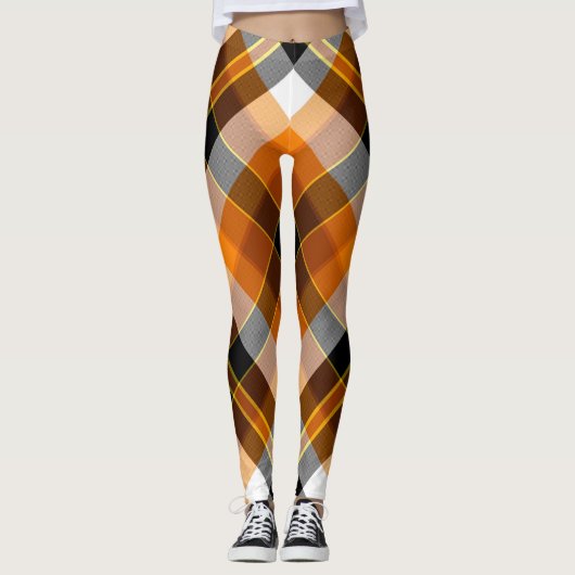 Halloween White, Orange, Yellow und Black Pläd Leggings (Vorderseite)