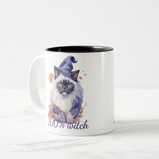 Halloween-Wildkatze in Hexenhut Zweifarbige Tasse (Vorderseite Links)