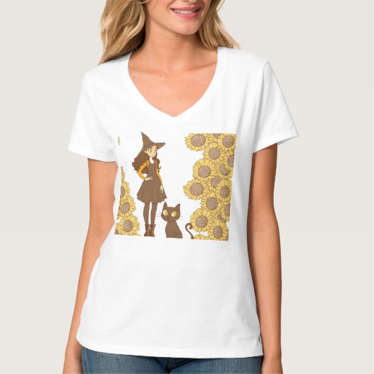 "Halloween Witch and Cat Women's V-Neck T - Shirt" T-Shirt (Vorderseite)