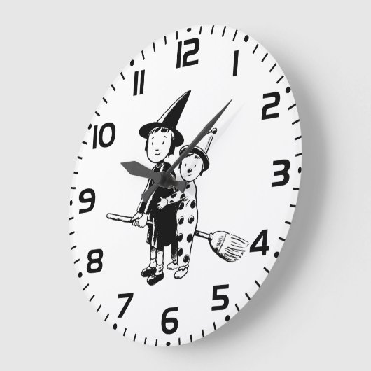 Halloween Witch and Clown Riding Broomstick Große Wanduhr (Winkel)