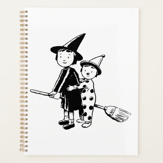 Halloween Witch and Clown Riding Broomstick Planer (Vorderseite)