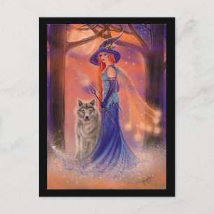 Halloween witch and wolf card by Renee Lavoie Postkarte