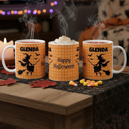 Halloween Witch & Bats Orange Plaid Custom Name Kaffeetasse