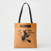 Halloween Witch & Bats Orange Plaid Custom Name Tasche (Vorderseite)