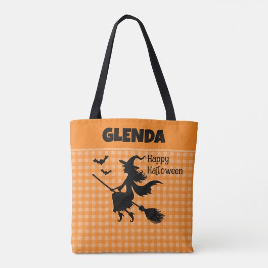 Halloween Witch & Bats Orange Plaid Custom Name Tasche (Rückseite)
