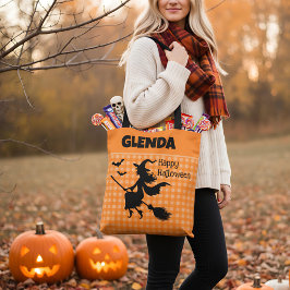 Halloween Witch & Bats Orange Plaid Custom Name Tasche