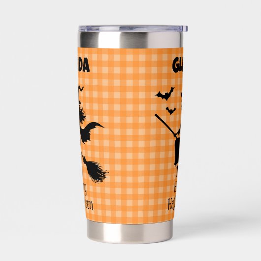 Halloween Witch & Bats Orange Plaid Custom Name Thermobecher (Links)