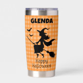 Halloween Witch & Bats Orange Plaid Custom Name Thermobecher (Rückseite)