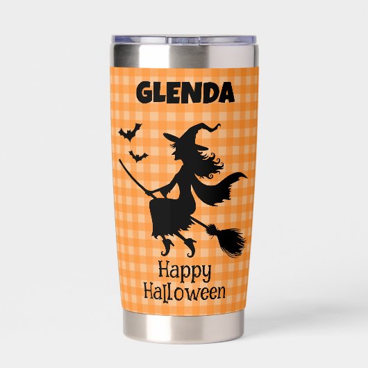 Halloween Witch & Bats Orange Plaid Custom Name Thermobecher (Rückseite)