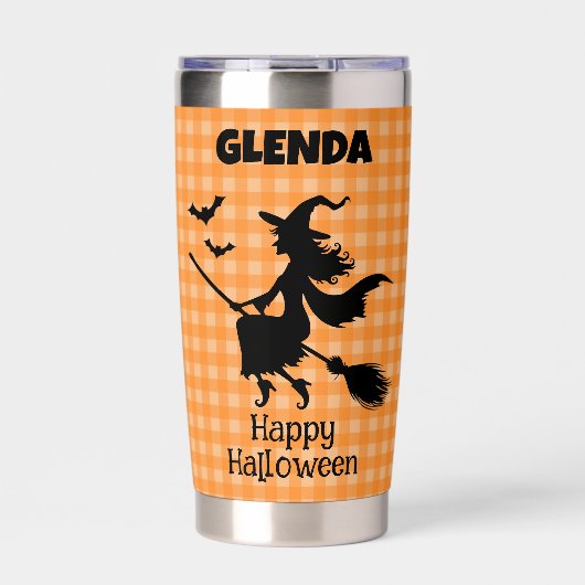 Halloween Witch & Bats Orange Plaid Custom Name Thermobecher (Vorderseite)