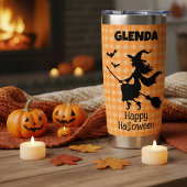Halloween Witch & Bats Orange Plaid Custom Name Thermobecher