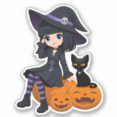 Halloween Witch, Black Cat, and Curved Pumpkins Aufkleber (Vorderseite)