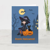 Halloween Witch, Black Cat, and Curved Pumpkins Karte (Vorderseite)
