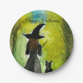 Halloween Witch Black Cat Woman Spells Pappteller (Vorderseite)