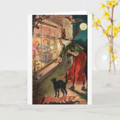 Halloween Witch, Cat Staring in Window Karte (Gelbe Blume)