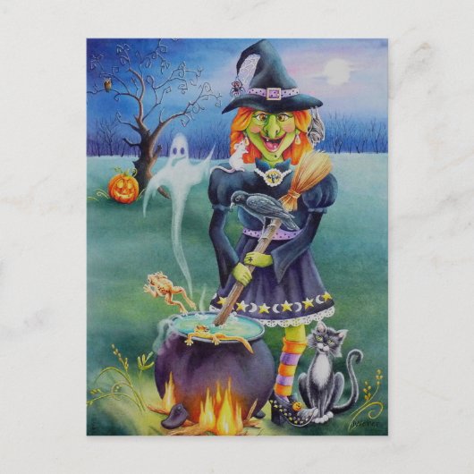Halloween Witch & Critter Friends Wasserfarben Kun Postkarte (Vorderseite)