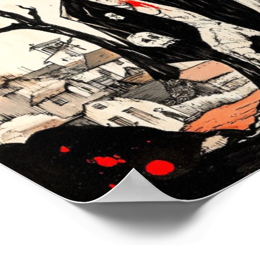 Halloween Witch Ghoul Woodblock Style Poster (Ecke)