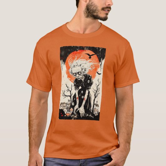Halloween Witch Ghoul Woodblock Style T-Shirt (Vorderseite)