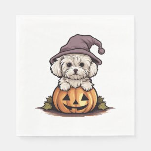 Halloween Witch Hat Pumpkin Dog Maltese Serviette