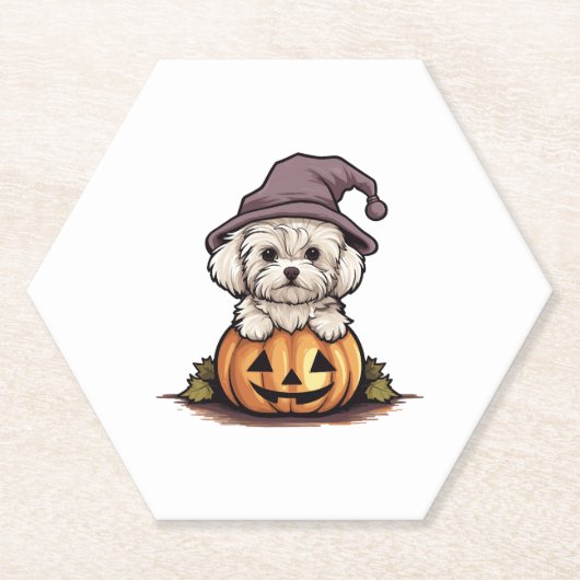Halloween Witch Hat Pumpkin Dog Maltese Untersetzer (Vorderseite)