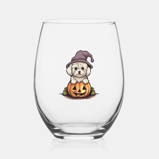 Halloween Witch Hat Pumpkin Dog Maltese Weinglas Ohne Stiel (Vorderseite)