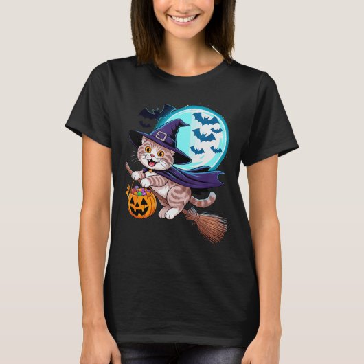 Halloween Witch Scottish Fold Moon Coupari T-Shirt (Vorderseite)