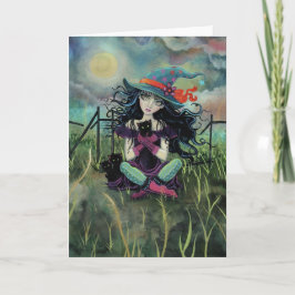 Halloween Witch with Black Cats Fantasy Art Karte