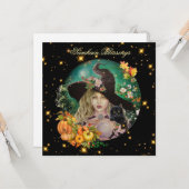 Halloween witch with black kitten greeting card karte (Vorderseite/Rückseite Beispiel)