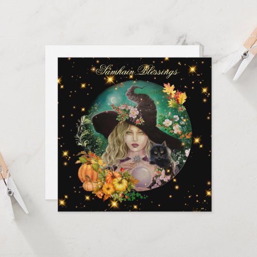 Halloween witch with black kitten greeting card  karte (Vorderseite/Rückseite Beispiel)