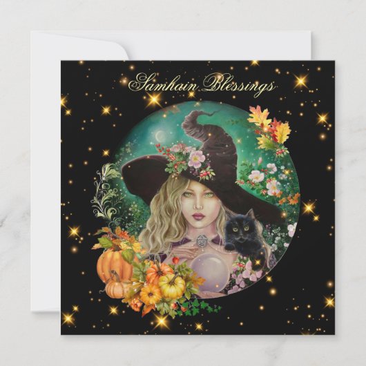 Halloween witch with black kitten greeting card karte (Vorderseite)