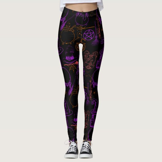 Halloween Witchcraft Muster Neon 01 Black BG Leggings (Vorderseite)