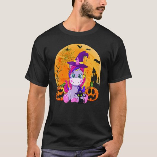 Halloween Witchy Unicorn Black Cat Pumpkin Girls W T-Shirt (Vorderseite)