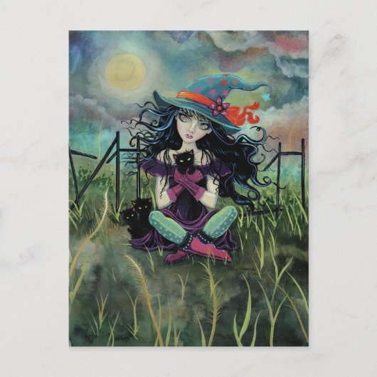 Halloween Witz und Black Cats Fantasy Art Postkarte (Vorderseite)