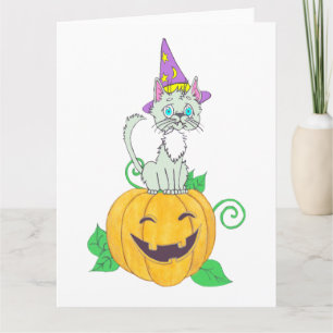 Halloween Wizard Cat on Pumpkin Karte