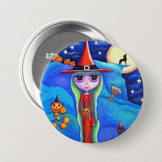 Halloween Wolf Hexe Black Cat Cauldron Pumpkins Button (Vorne & Hinten)