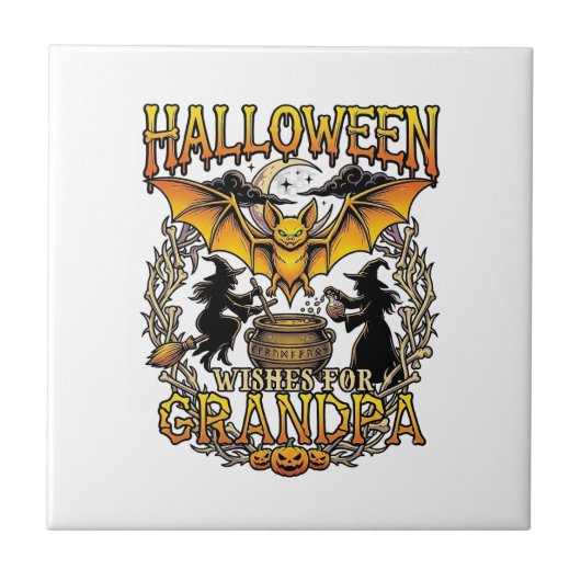 Halloween-Wünsche Opa Fledermaus Hexenkessel_1 Fliese (Vorderseite)