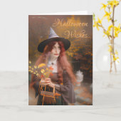 Halloween wünscht Hexe Holding Autumn Bouquet Karte (Gelbe Blume)