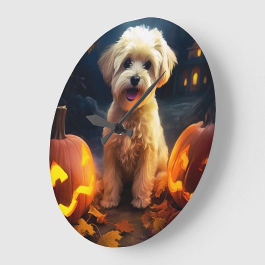 Halloween Yorkipoo mit Pumpkins Beängstigend Große Wanduhr (Winkel)
