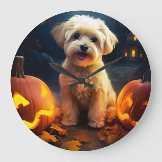 Halloween Yorkipoo mit Pumpkins Beängstigend Große Wanduhr (Vorderseite)