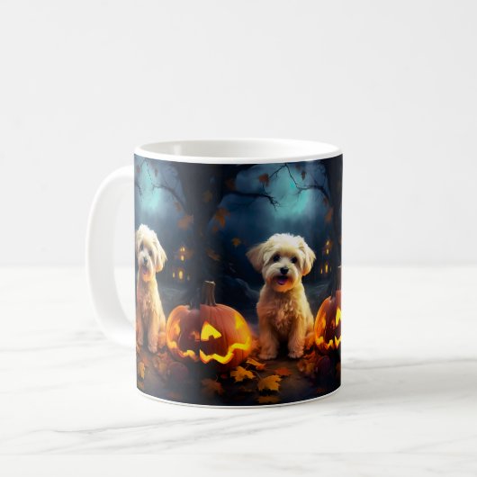 Halloween Yorkipoo mit Pumpkins Beängstigend Kaffeetasse (Vorderseite Links)