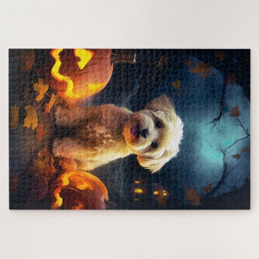 Halloween Yorkipoo mit Pumpkins Beängstigend Puzzle (Horizontal)