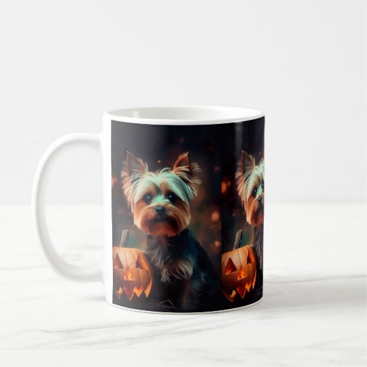 Halloween Yorkshire Terrier mit Pumpkins Beängstig Kaffeetasse (Links)