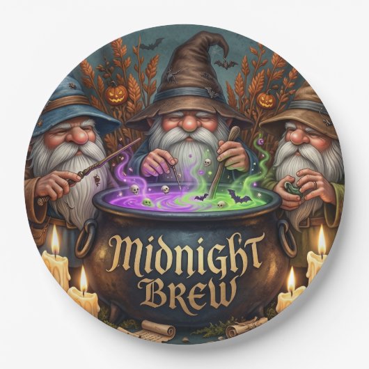 Halloween-Zauberer-Gnome-Mitternachtsbrau-Kessel Pappteller (Vorderseite)